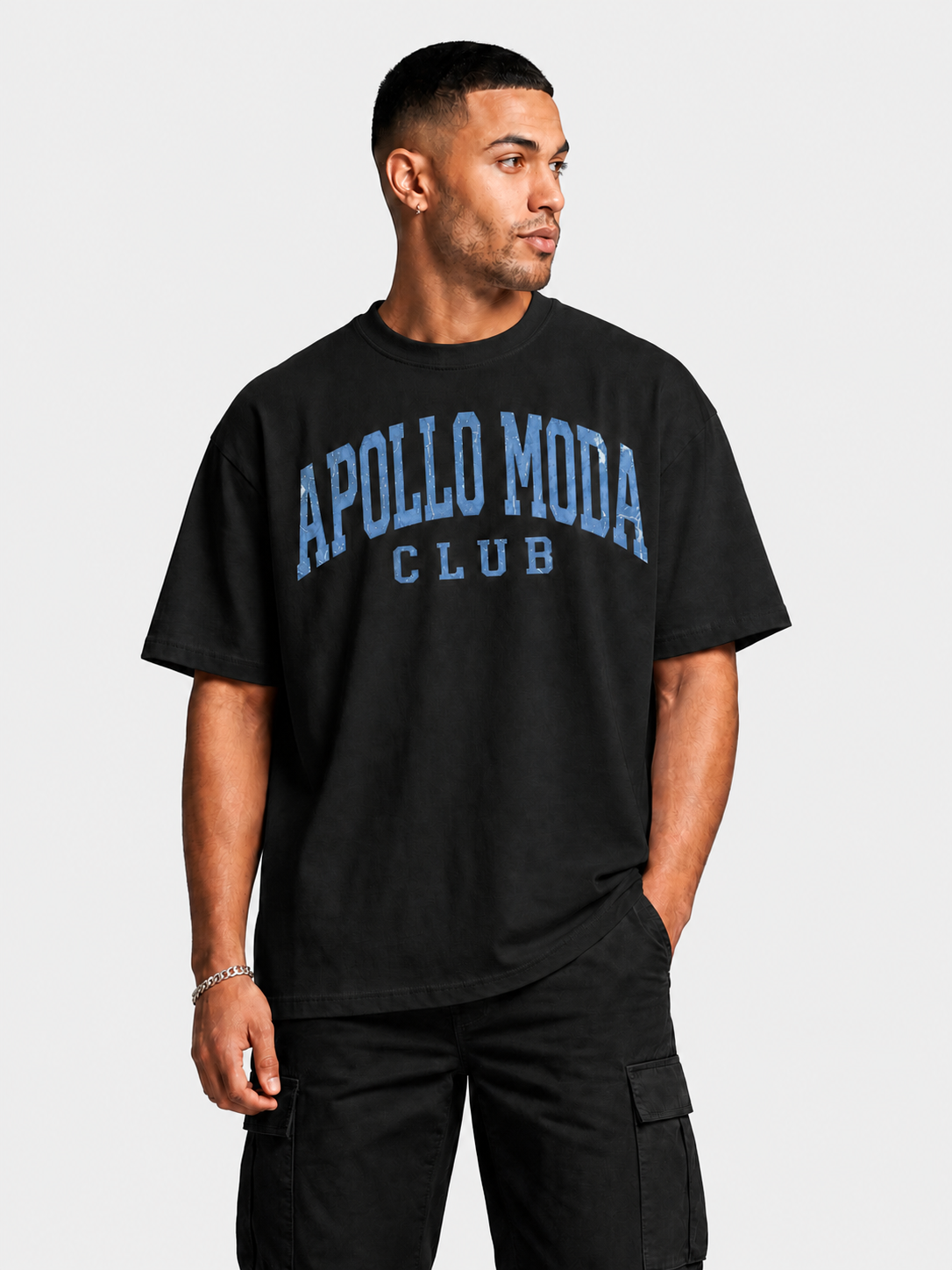 Club oversized collegiate graphic tee in black by Apollo Moda, main product view