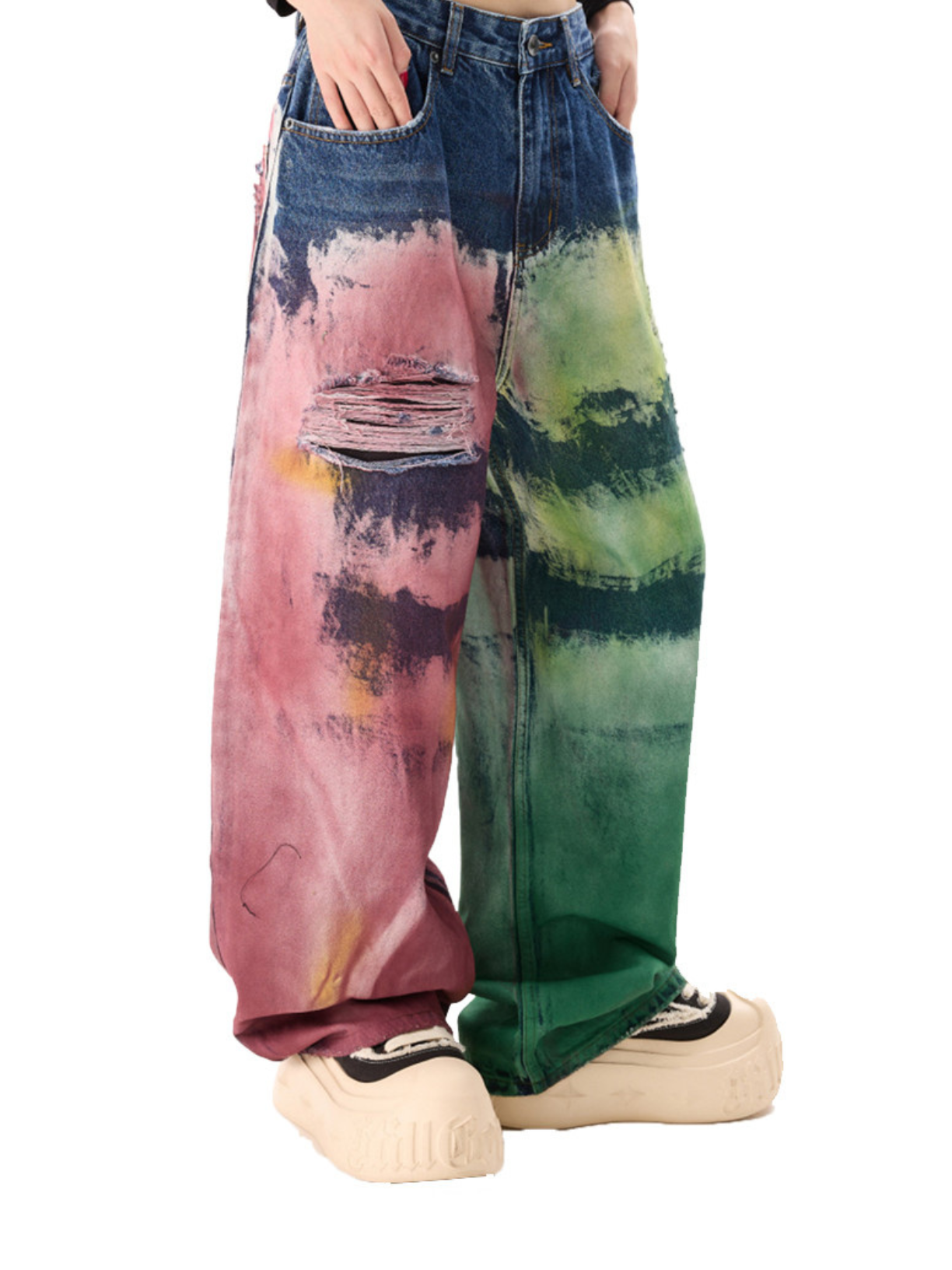 Color splatter tie-dye oversized wide-leg jeans by Apollo Moda, view 3