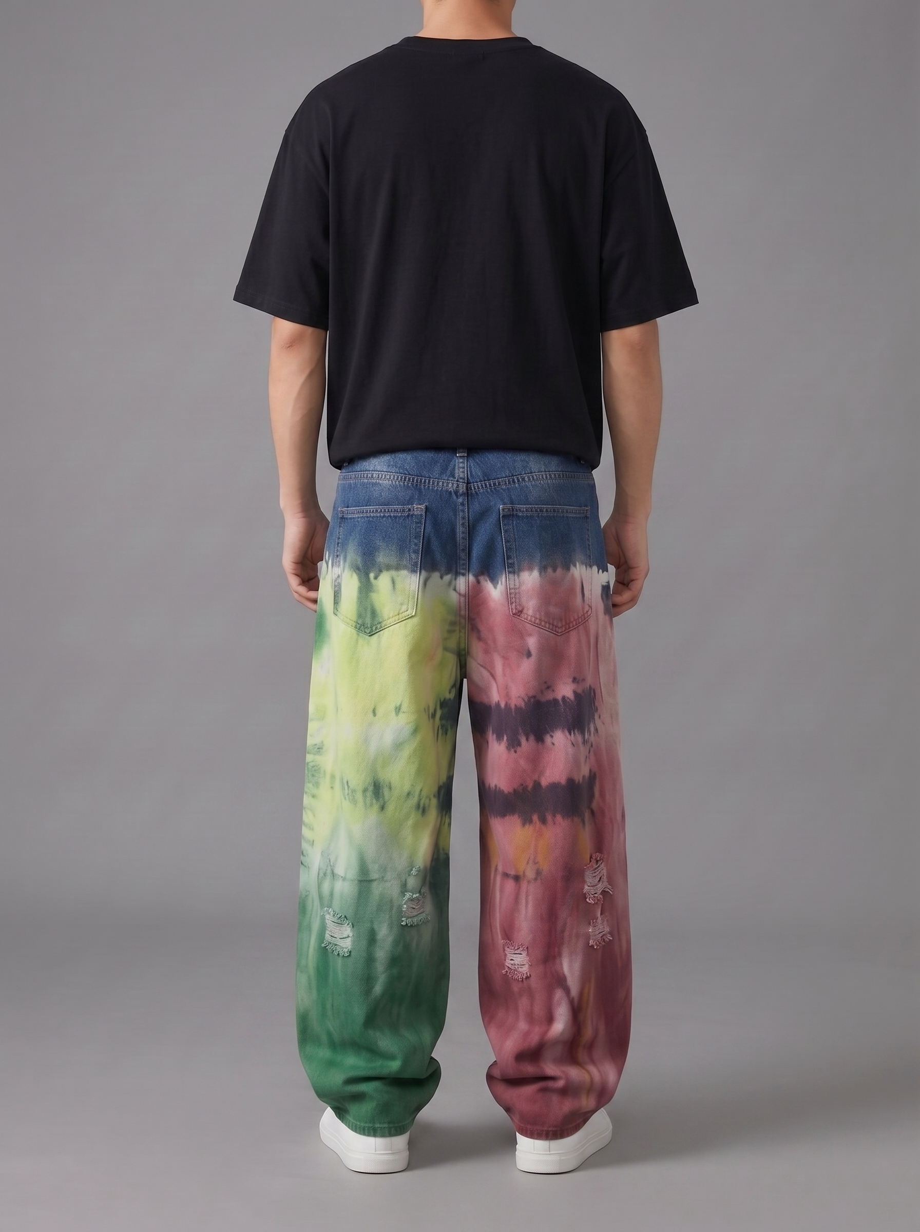 Color splatter tie-dye oversized wide-leg jeans by Apollo Moda, view 4