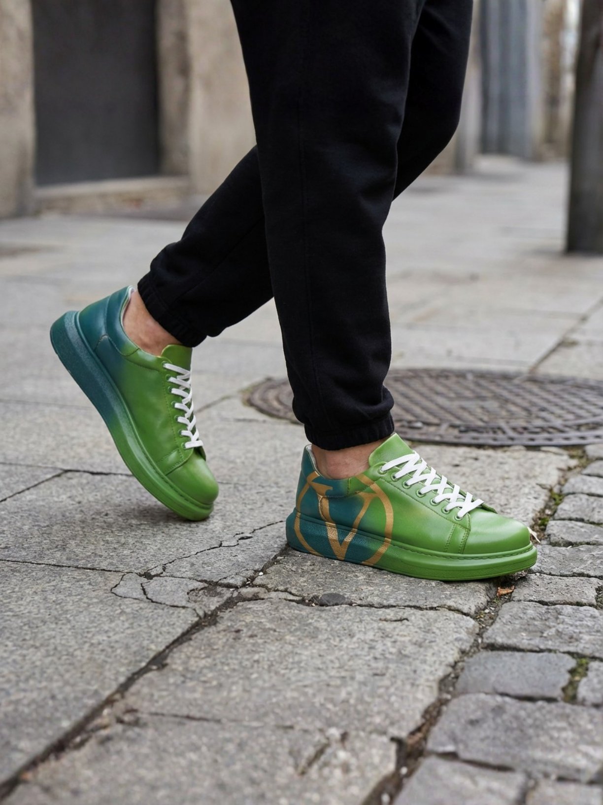Tokyo V Verdant Radiance hand-painted custom sneaker in green by Apollo Moda, view 2