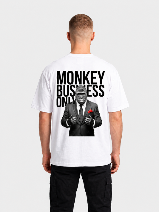 Monkey Business Only oversized graphic tee in white by Apollo Moda, worn by model