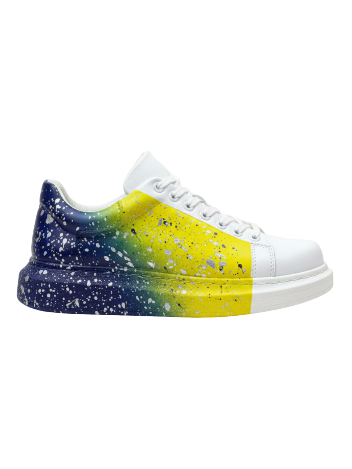 Women's Urban Pulse Motion Flow hand-painted custom sneaker in yellow and blue by Apollo Moda, view 5