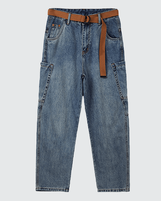 Washed Harem Cargo Denim Jeans with Webbing Belt
