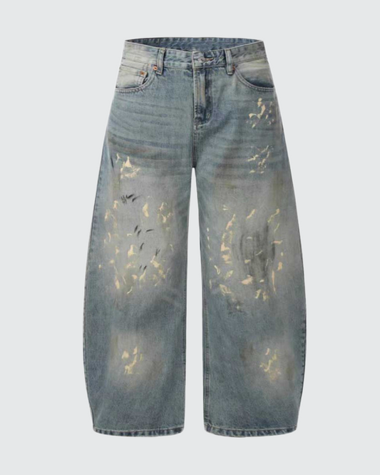 Hand-Painted Gold Splatter Curved Barrel Wide-Leg Denim Jeans