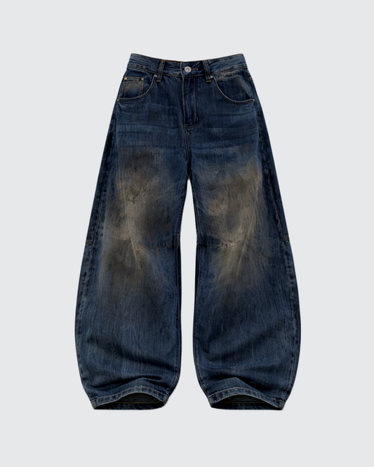 Mud Wash Curved Barrel Wide-Leg Denim Jeans