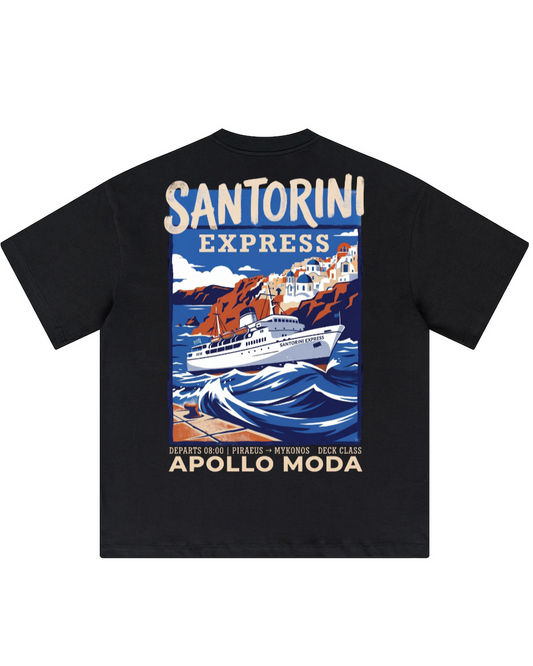 Black t-shirt with Santorini Express design and Apollo Moda branding on a white background