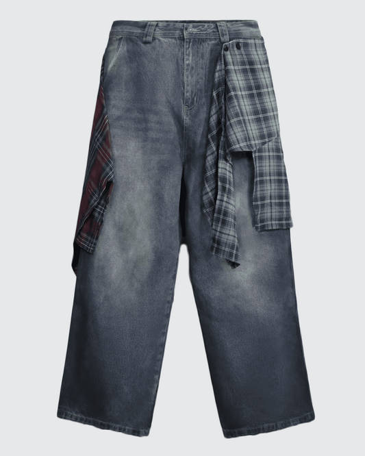 Plaid Overskirt Washed Straight-Leg Denim Jeans