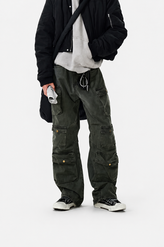 Vintage Washed Multi-Pocket Wide-Leg Cargo Pants