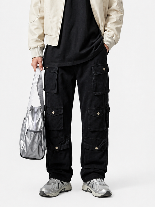 Vintage Washed Multi-Pocket Wide-Leg Cargo Pants