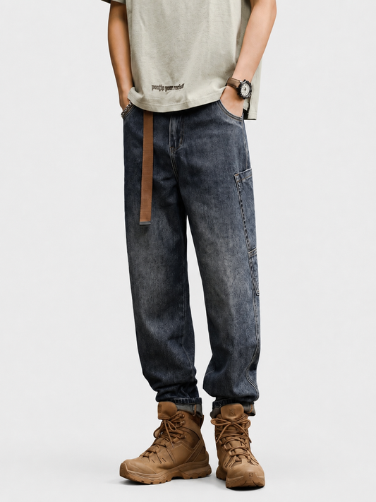 Washed Harem Cargo Denim Jeans with Webbing Belt
