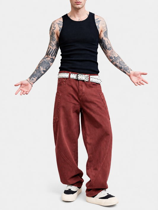 Washed Curved Barrel Wide-Leg Canvas Jeans