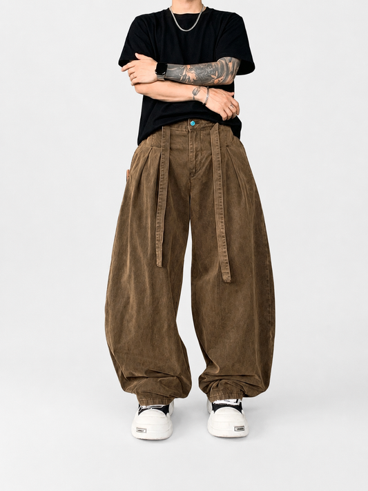 Washed Pleated Balloon Wide-Leg Denim Jeans with Strap Detail