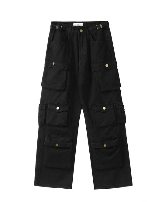 Vintage Washed Multi-Pocket Wide-Leg Cargo Pants