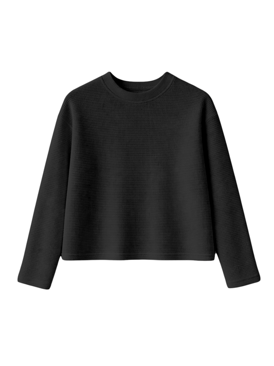 Waffle Knit Cropped Crewneck Long-Sleeve