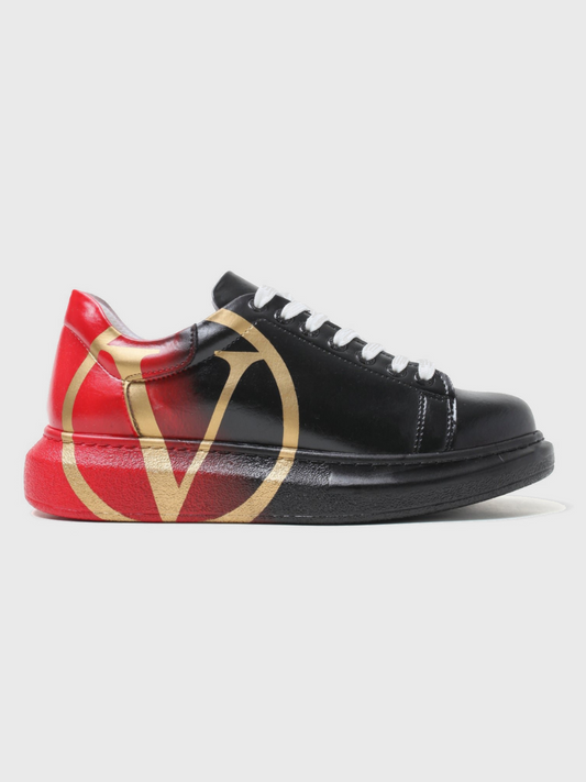 Tokyo V Crimson Pulse hand-painted custom sneaker in black and red by Apollo Moda
