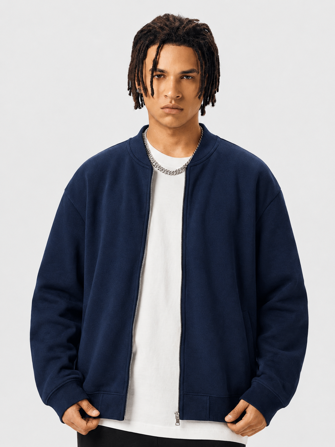 Apollo navy fleece zip-up baseball jacket by Apollo Moda, main product view