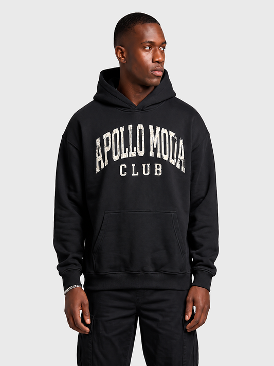 Club Collegiate oversized heavyweight hoodie in black by Apollo Moda, main product view