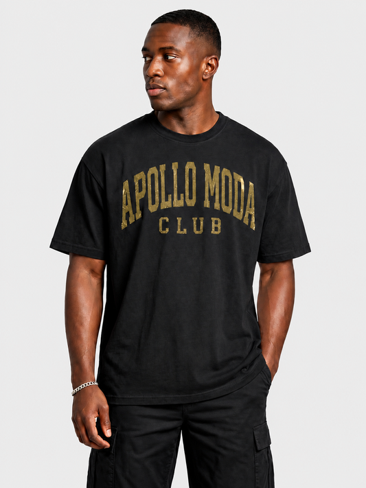 Club Gold Collegiate oversized tee in black by Apollo Moda, main product view