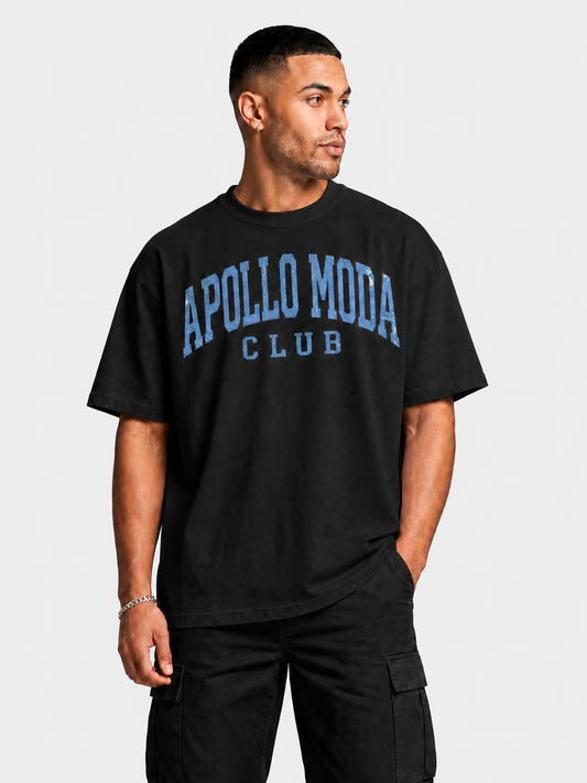 Club oversized collegiate graphic tee in black by Apollo Moda, main product view