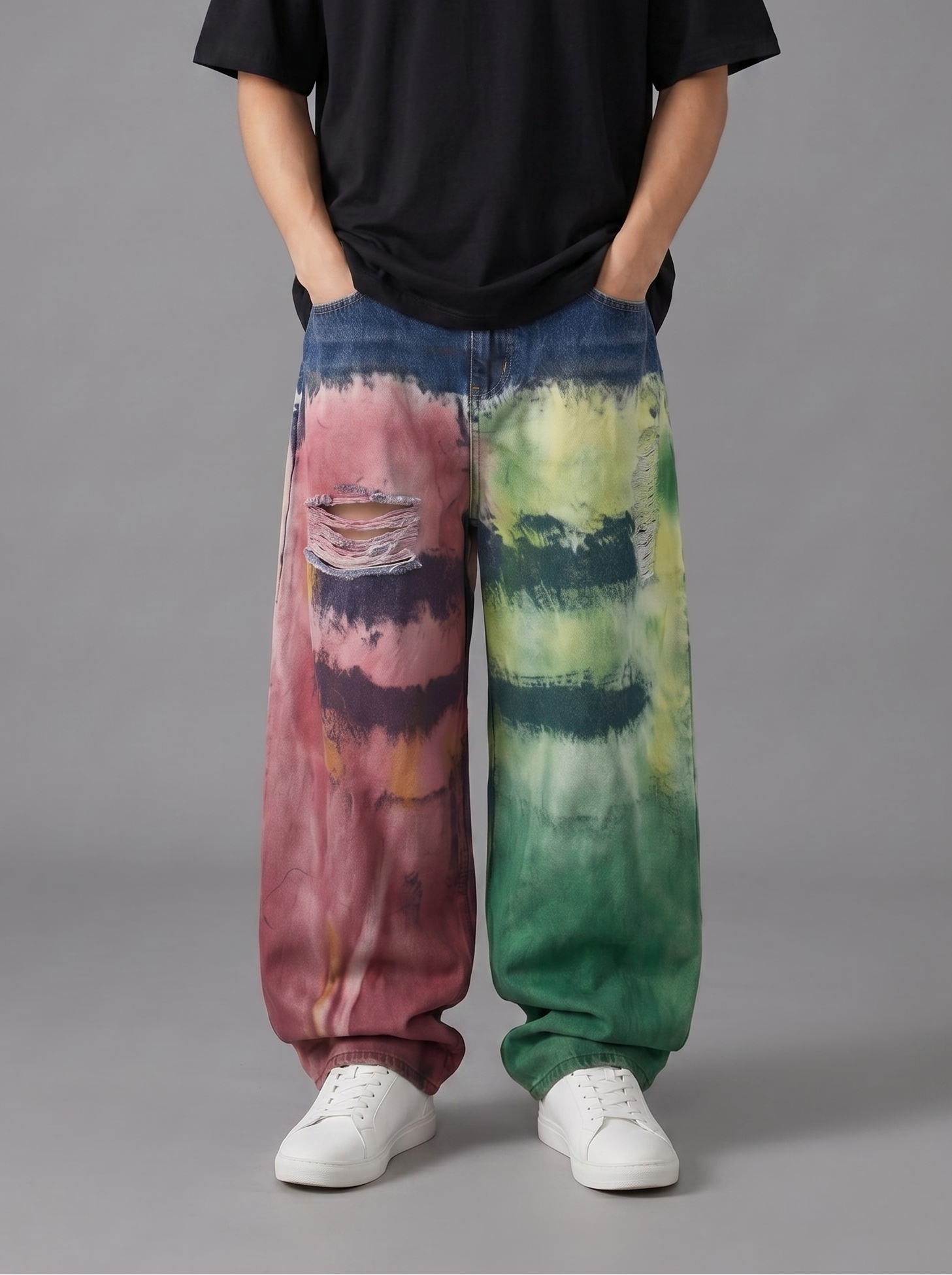 Color splatter tie-dye oversized wide-leg jeans by Apollo Moda, view 5
