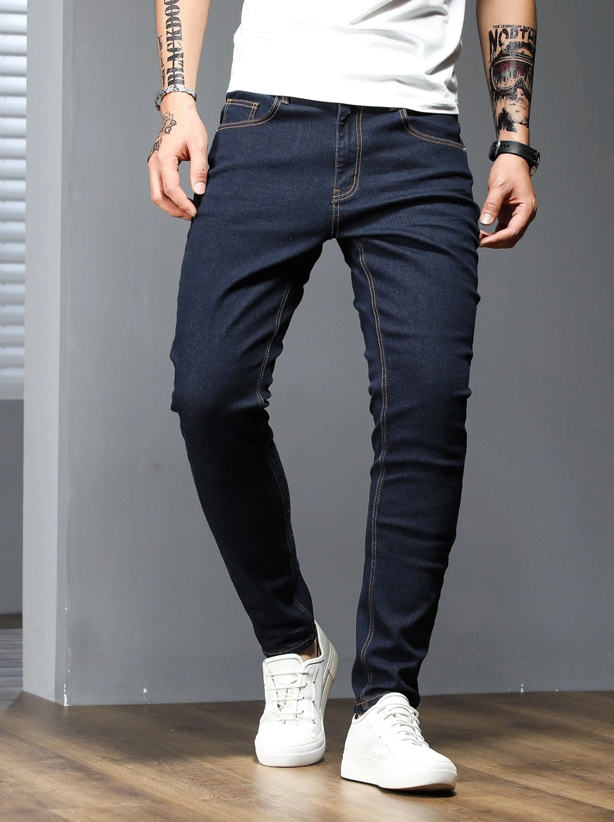Cotton solid skinny jeans in navy by Apollo Moda, view 4