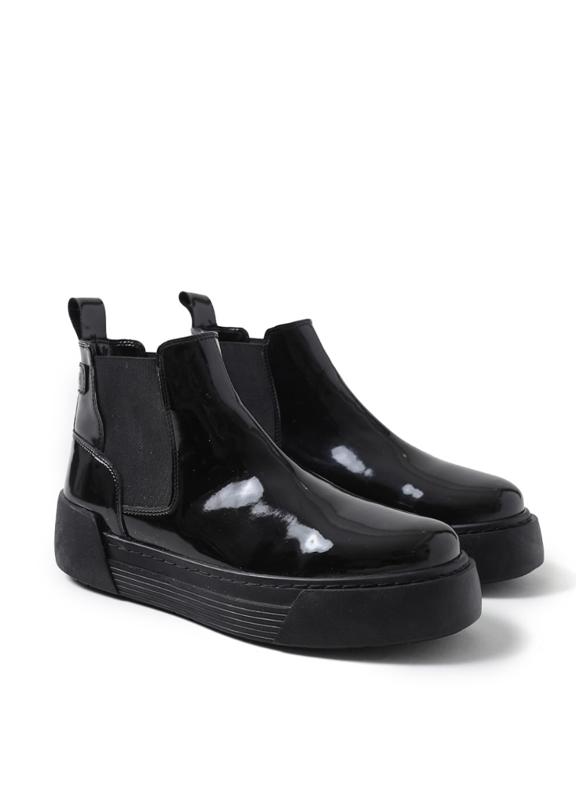 Avalon Patent Onyx Chelsea boot in black patent with platform sole by Apollo Moda