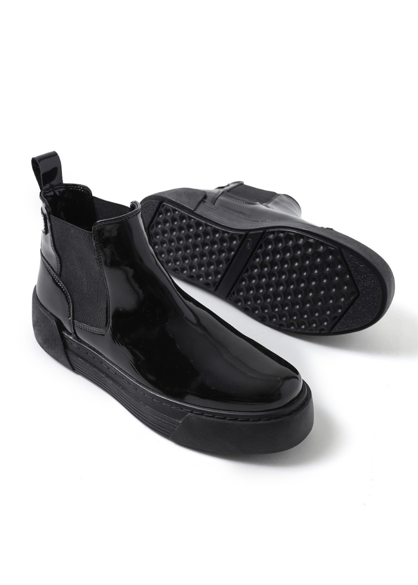 Avalon Patent Onyx Chelsea boot in black patent by Apollo Moda, view 6
