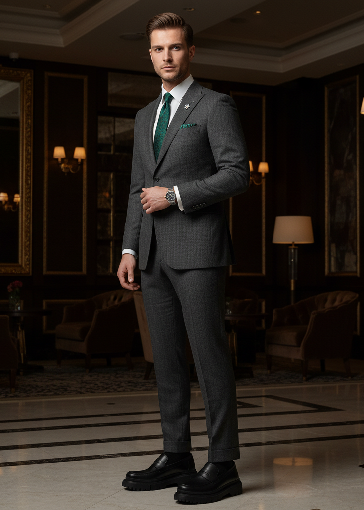 Oslo Midnight Elegance dress shoe in black by Apollo Moda, styled with a grey suit