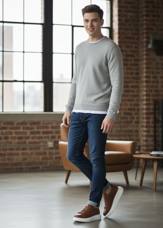 Pluto Earthy Brown casual sneaker in brown by Apollo Moda, styled in a modern living room