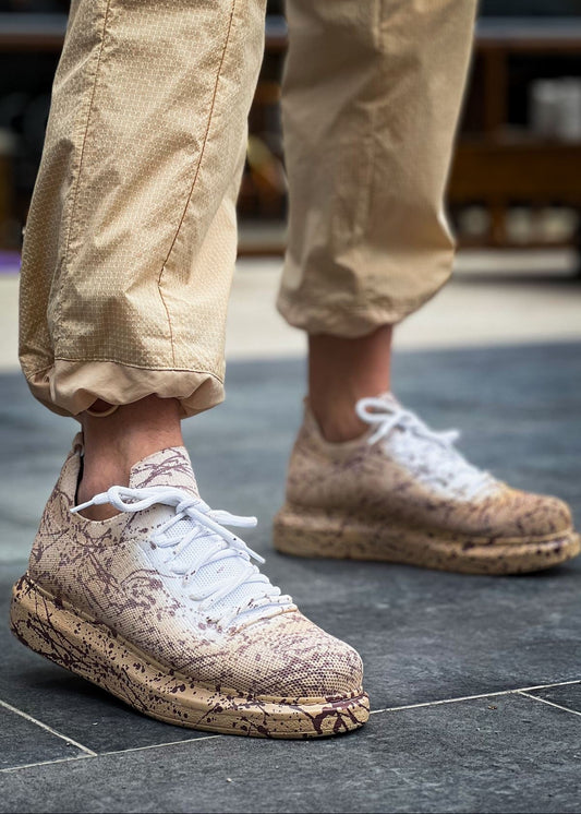 Torino Light Brown Peak knit sneaker with hand-painted splatter design by Apollo Moda