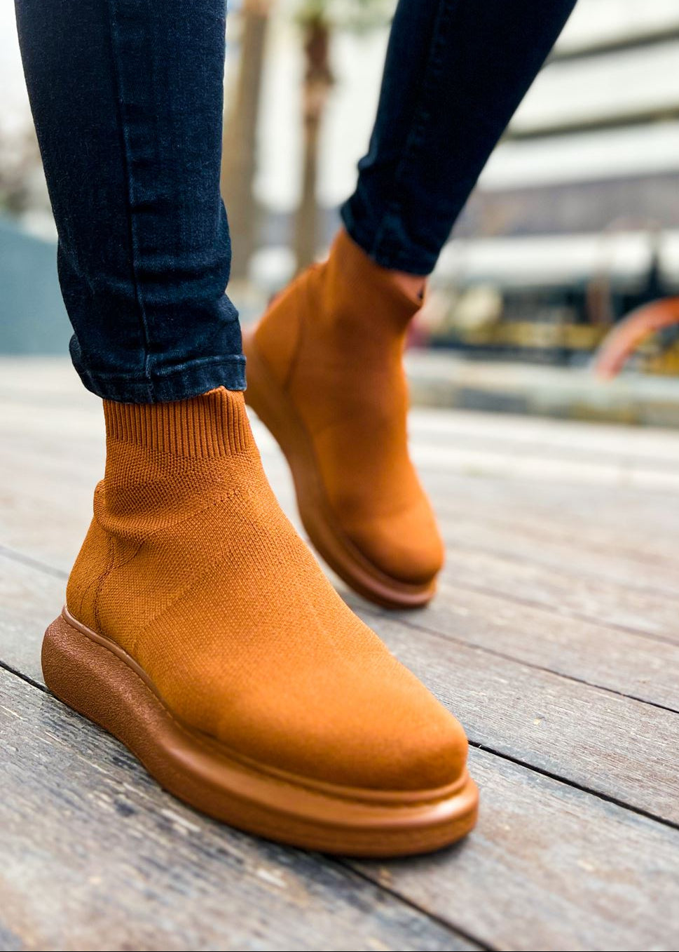 Torino X Espresso Essence knit ankle boot in brown by Apollo Moda, worn with rolled-up jeans