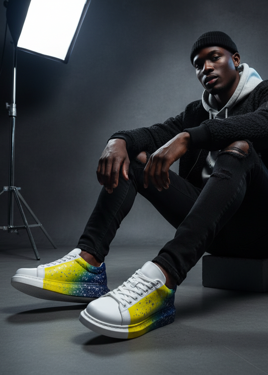Urban Pulse Motion Flow hand-painted custom sneaker in yellow and blue by Apollo Moda, view 2
