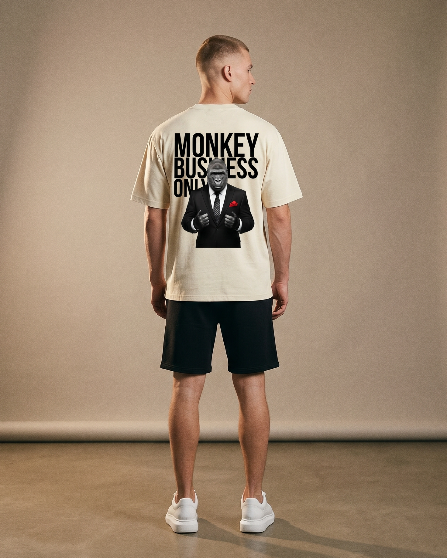 Monkey Business Only oversized graphic tee in beige by Apollo Moda, detail view 1